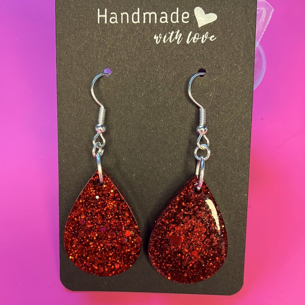 Handmade Sterling Silver Red Glitter Tear Drop Dangle Earrings